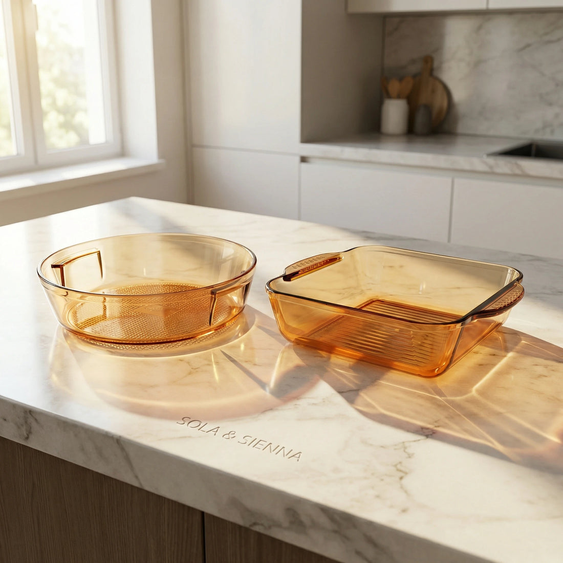 Sienna Glow round and square amber glass baker made of heat-resistant high borosilicate glass.SOLA & SIENNA.