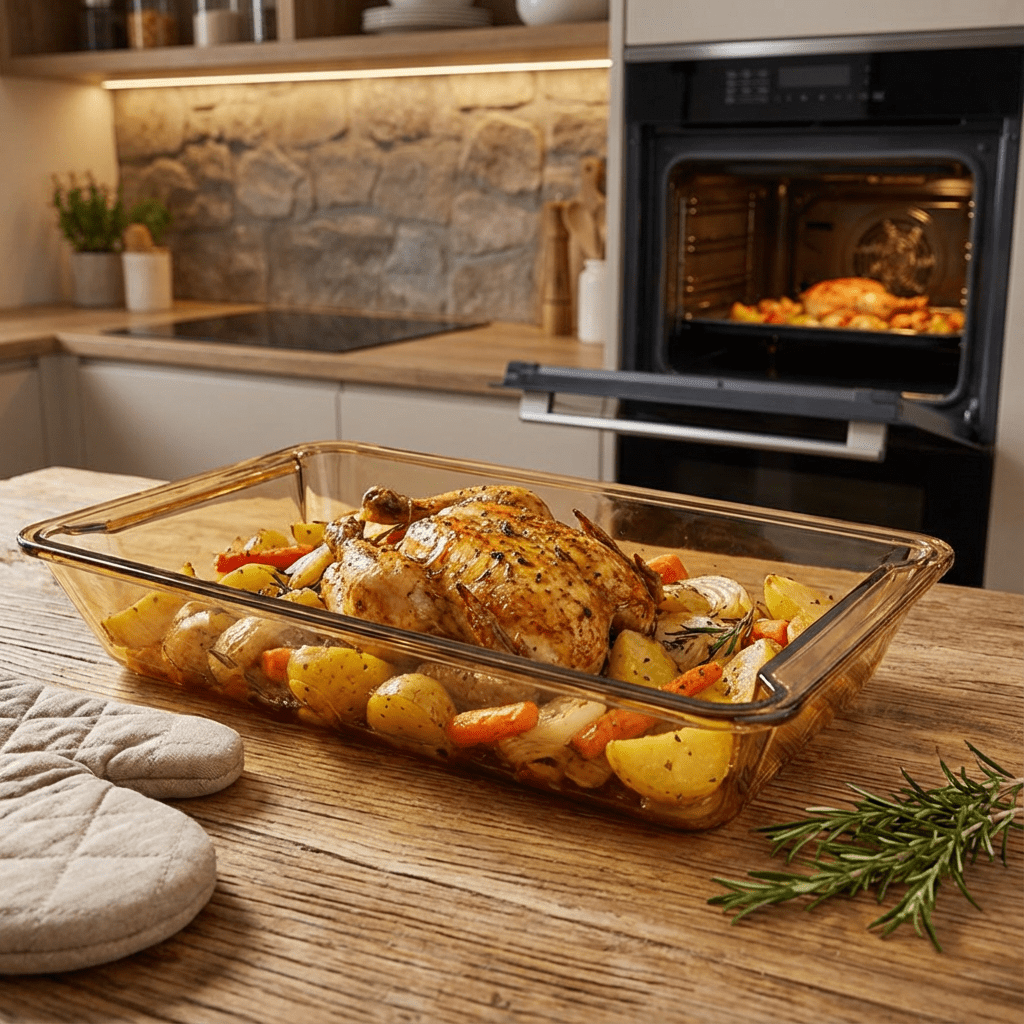 Sienna Glow amber borosilicate glass rectangular baker roasting pan for stylish oven cooking and serving.SOLA & SIENNA