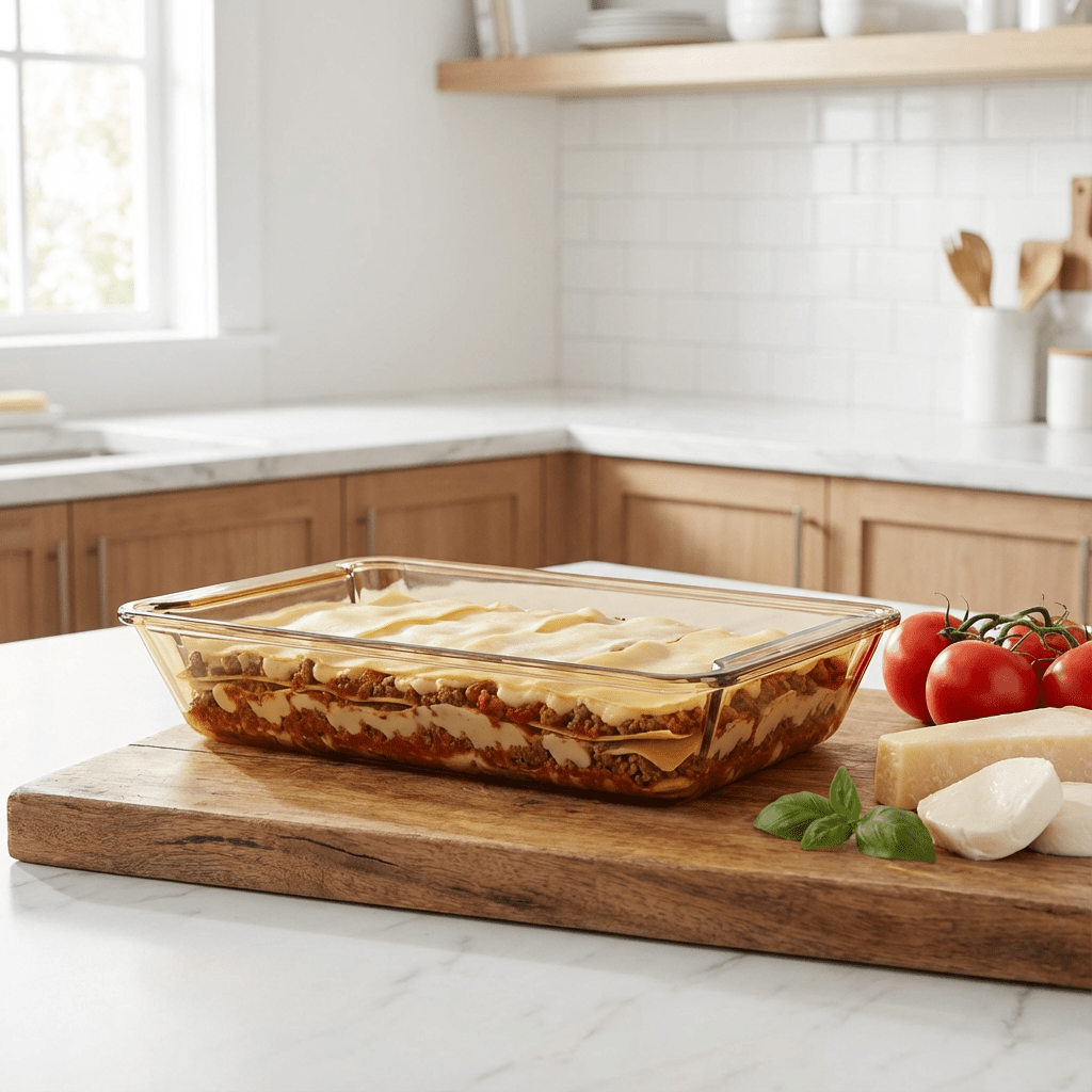 Sienna Glow amber borosilicate glass rectangular baker roasting pan for stylish oven cooking and serving.SOLA & SIENNA