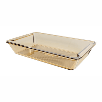 Sienna Glow amber borosilicate glass rectangular baker roasting pan for stylish oven cooking and serving.SOLA & SIENNA