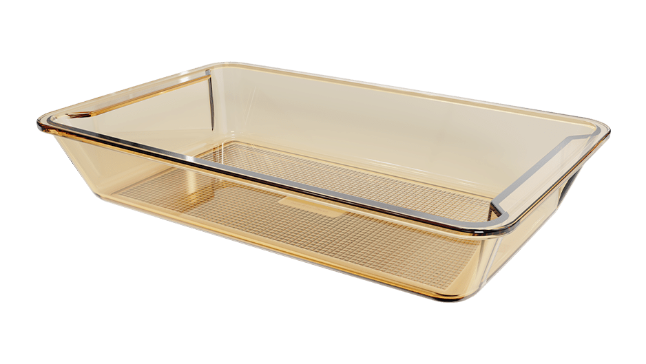 Sienna Glow amber borosilicate glass rectangular baker roasting pan for stylish oven cooking and serving.SOLA & SIENNA