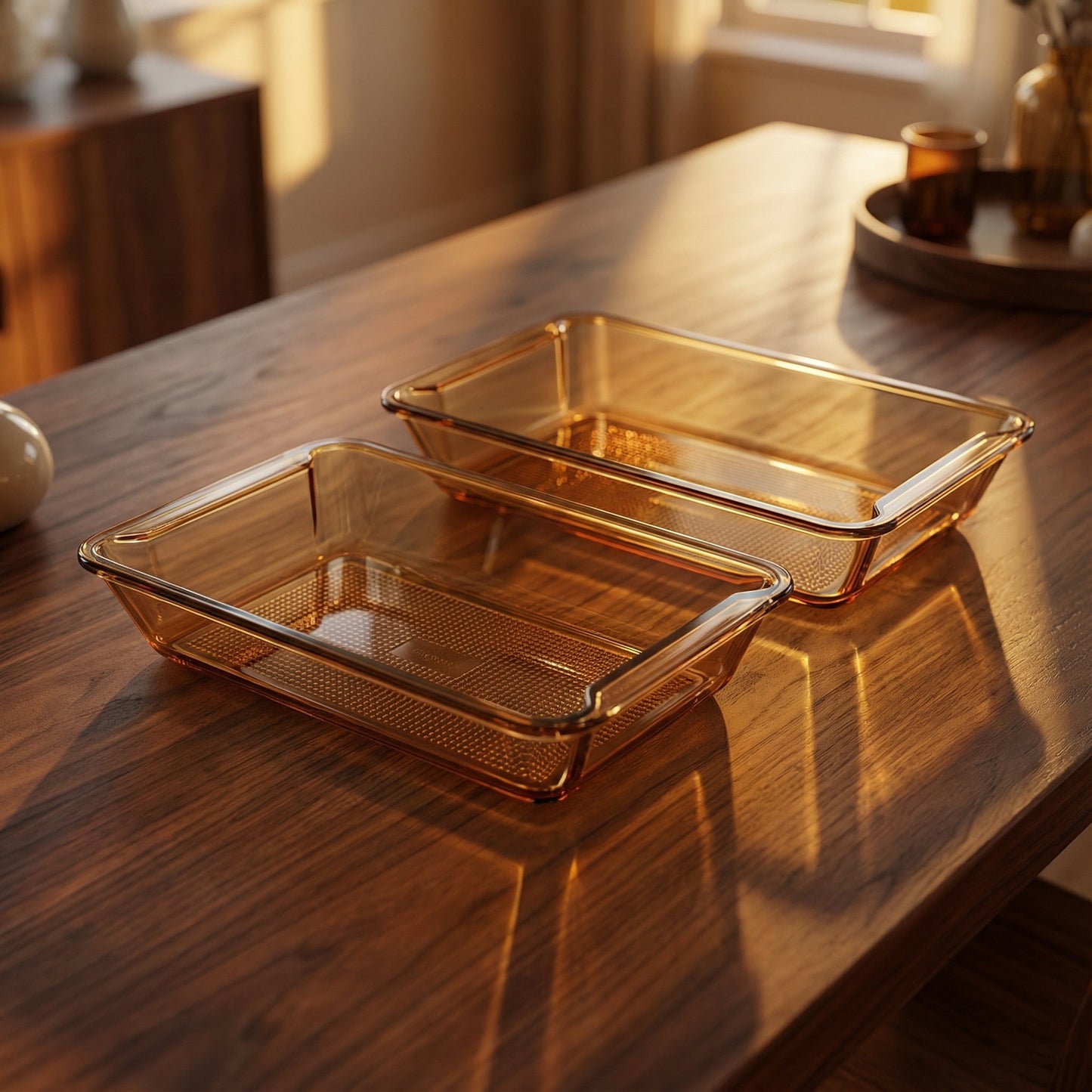 Sienna Glow amber borosilicate glass rectangular baker roasting pan for stylish oven cooking and serving.SOLA & SIENNA