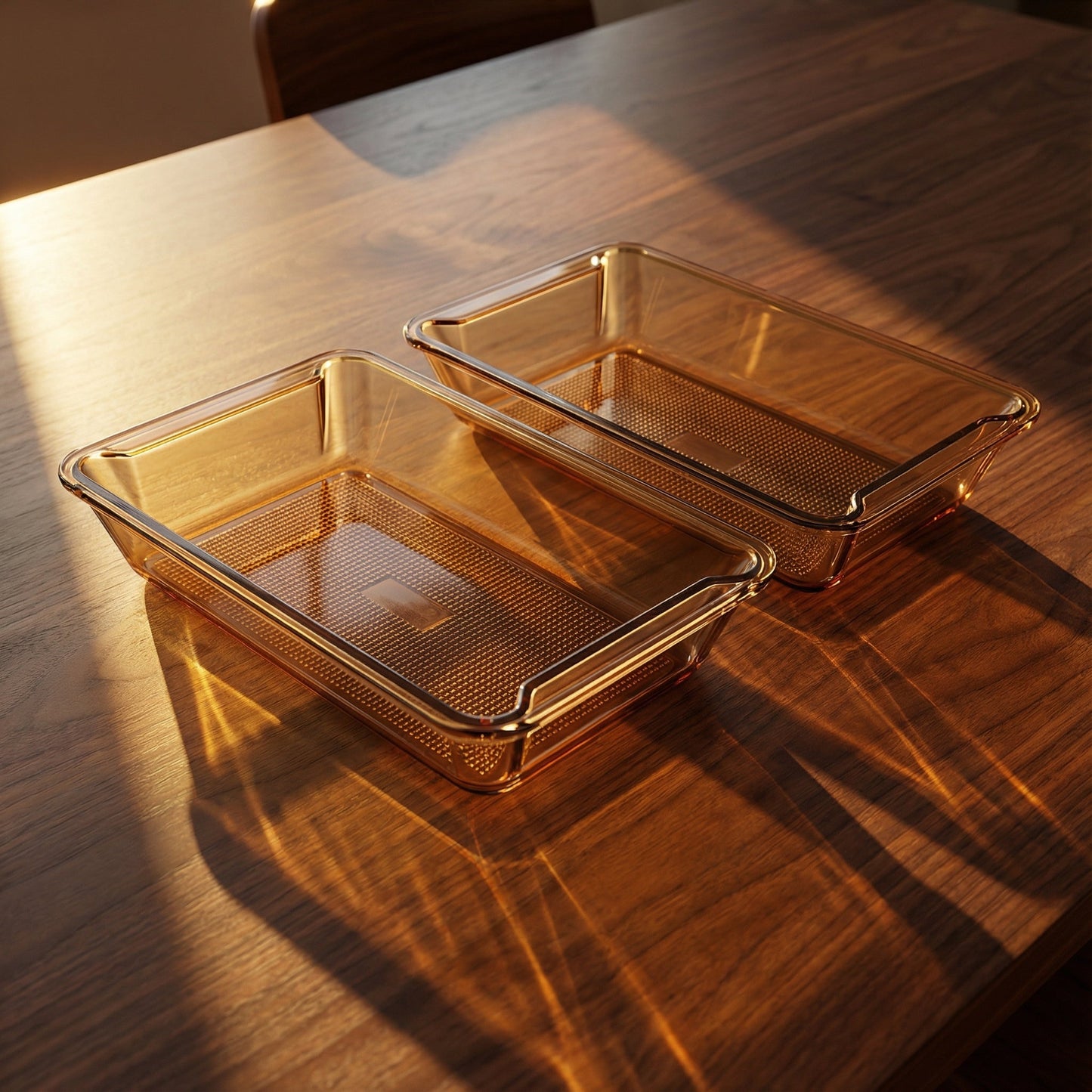 Sienna Glow amber borosilicate glass rectangular baker roasting pan for stylish oven cooking and serving.SOLA & SIENNA
