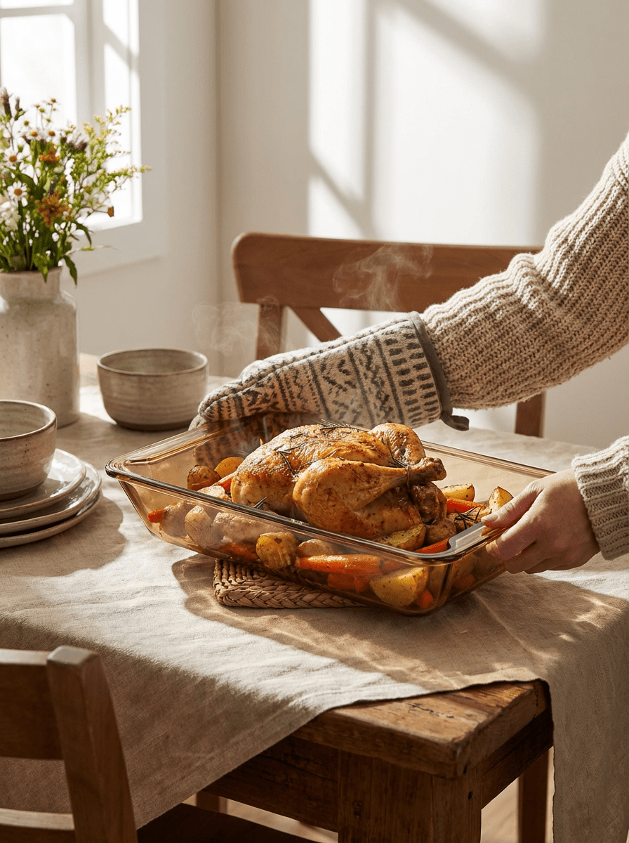 Sienna Glow amber borosilicate glass rectangular baker roasting pan for stylish oven cooking and serving.SOLA & SIENNA