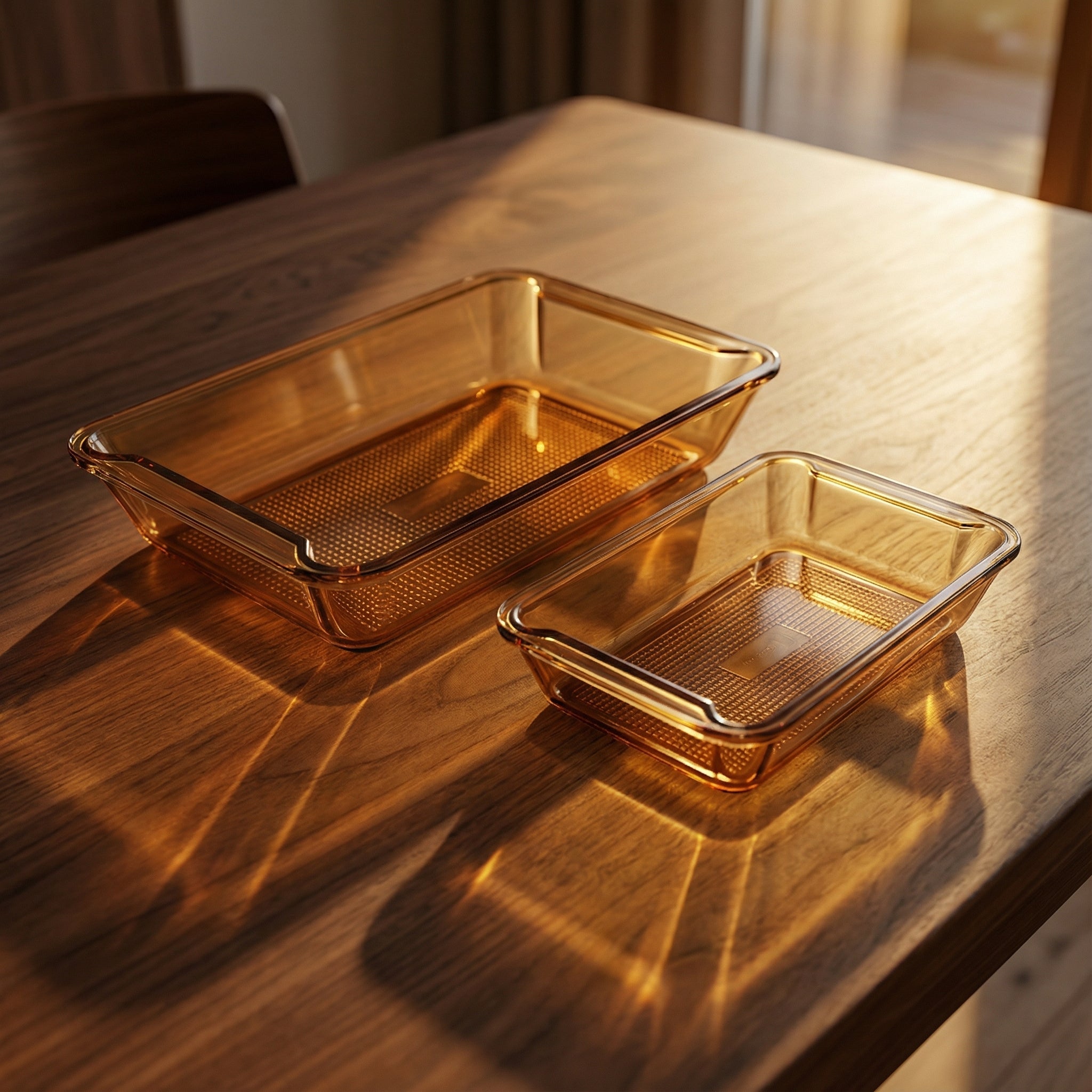 Sienna Glow amber borosilicate glass rectangular baker roasting pan for stylish oven cooking and serving.SOLA & SIENNA