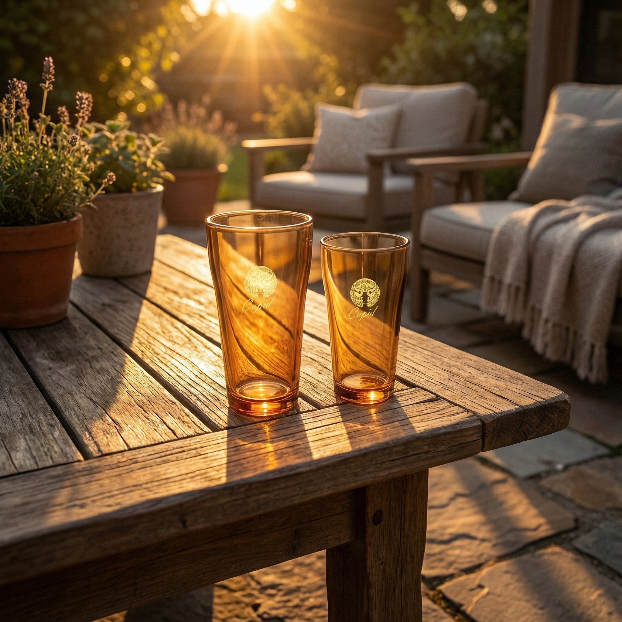 Sienna Glow amber borosilicate glass tumbler with gold Cupid decal available in 12oz and 17oz sizes.SOLA & SIENNA