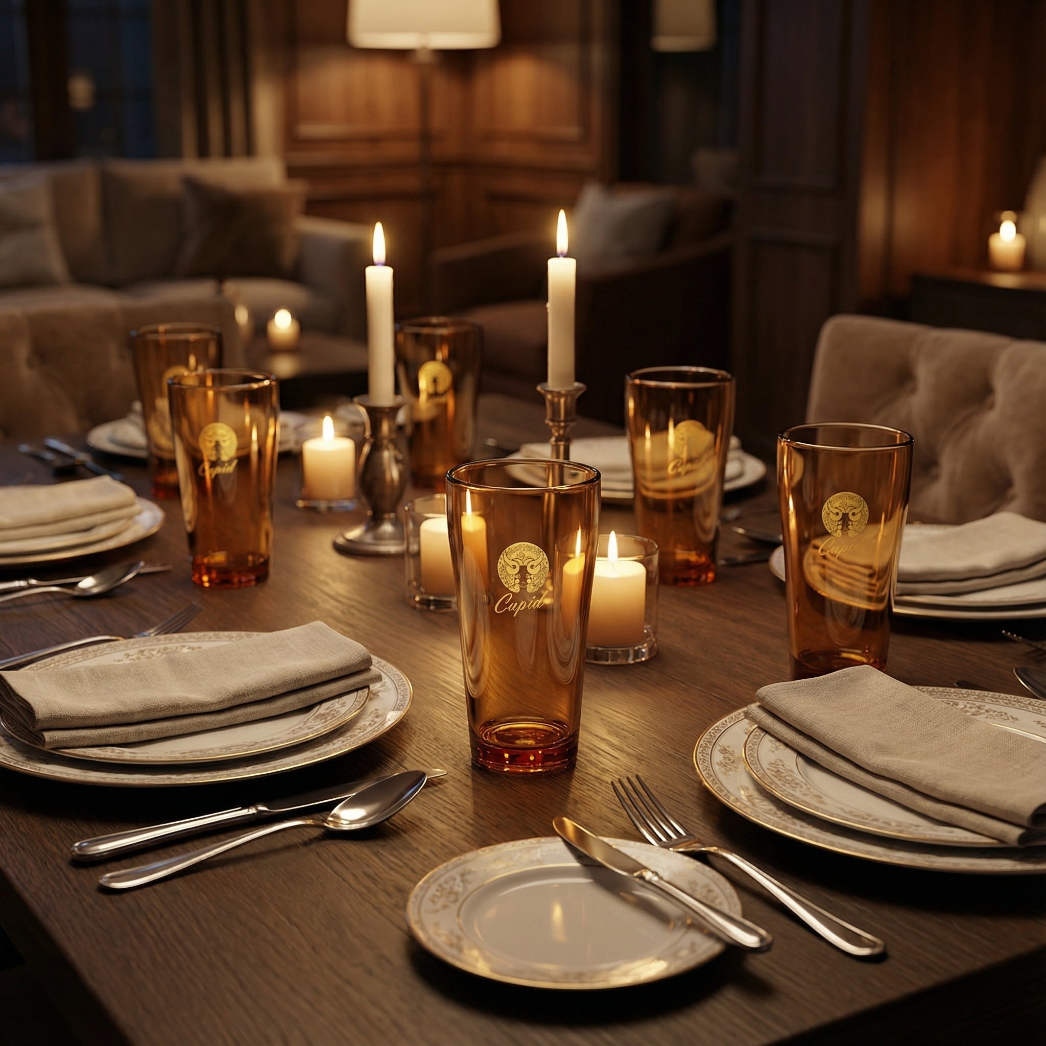 Sienna Glow amber borosilicate glass tumbler with gold Cupid decal available in 12oz and 17oz sizes.SOLA & SIENNA