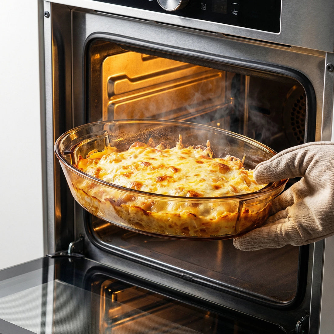 Sienna Glow high borosilicate amber glass oval baker for oven to table serving in 1.8qt and 2.7qt capacities.