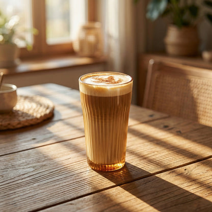 Sienna Glow ribbed amber glass tumbler in 12oz and 17oz sizes made of heat-resistant high borosilicate glass.SOLA & SIENNA