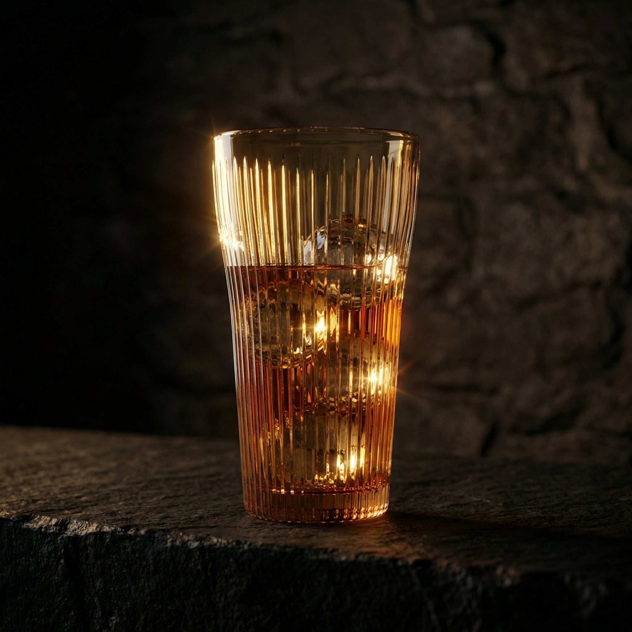 Sienna Glow ribbed amber glass tumbler in 12oz and 17oz sizes made of heat-resistant high borosilicate glass.SOLA & SIENNA