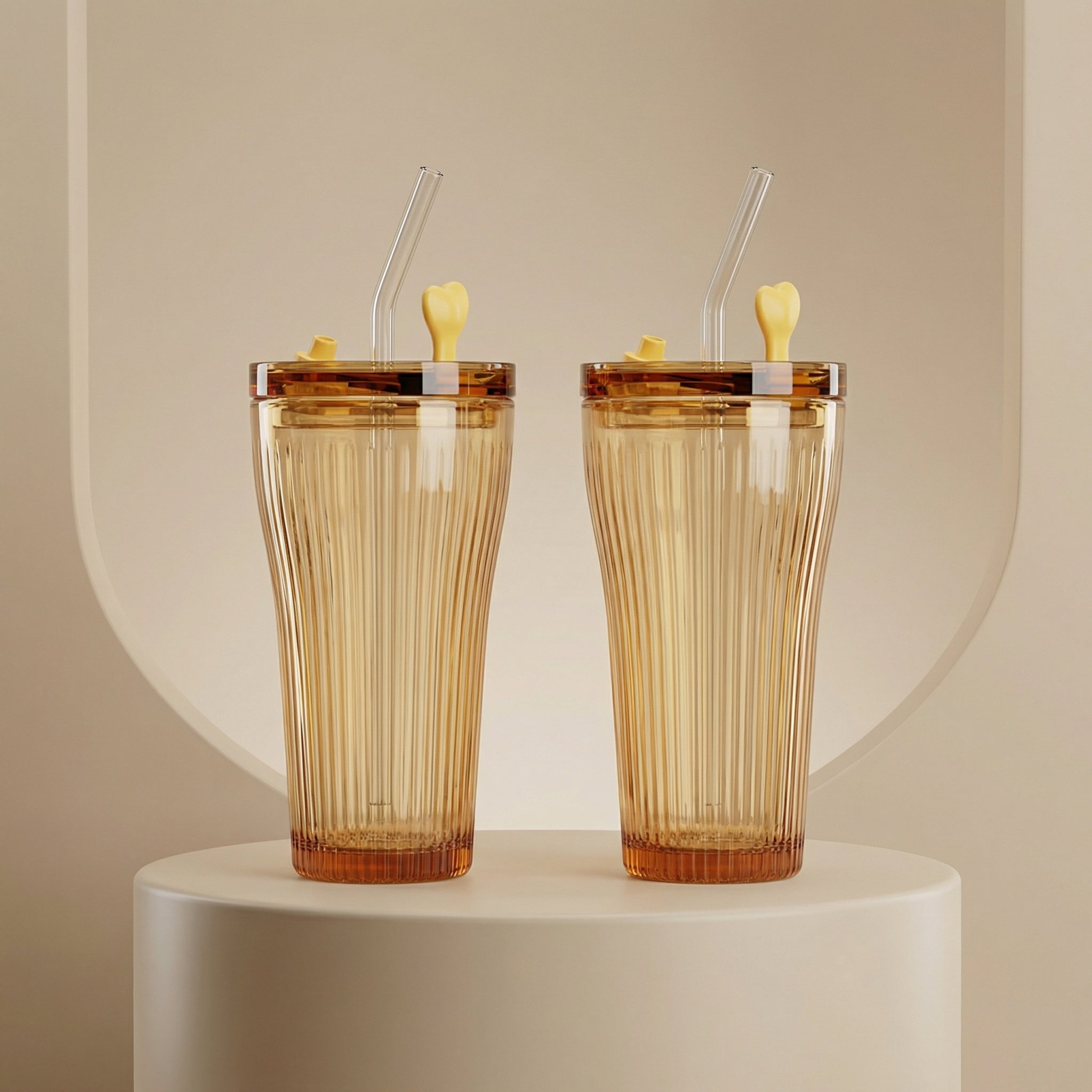 Sienna Glow ribbed amber glass tumbler in 12oz and 17oz sizes made of heat-resistant high borosilicate glass.SOLA & SIENNA