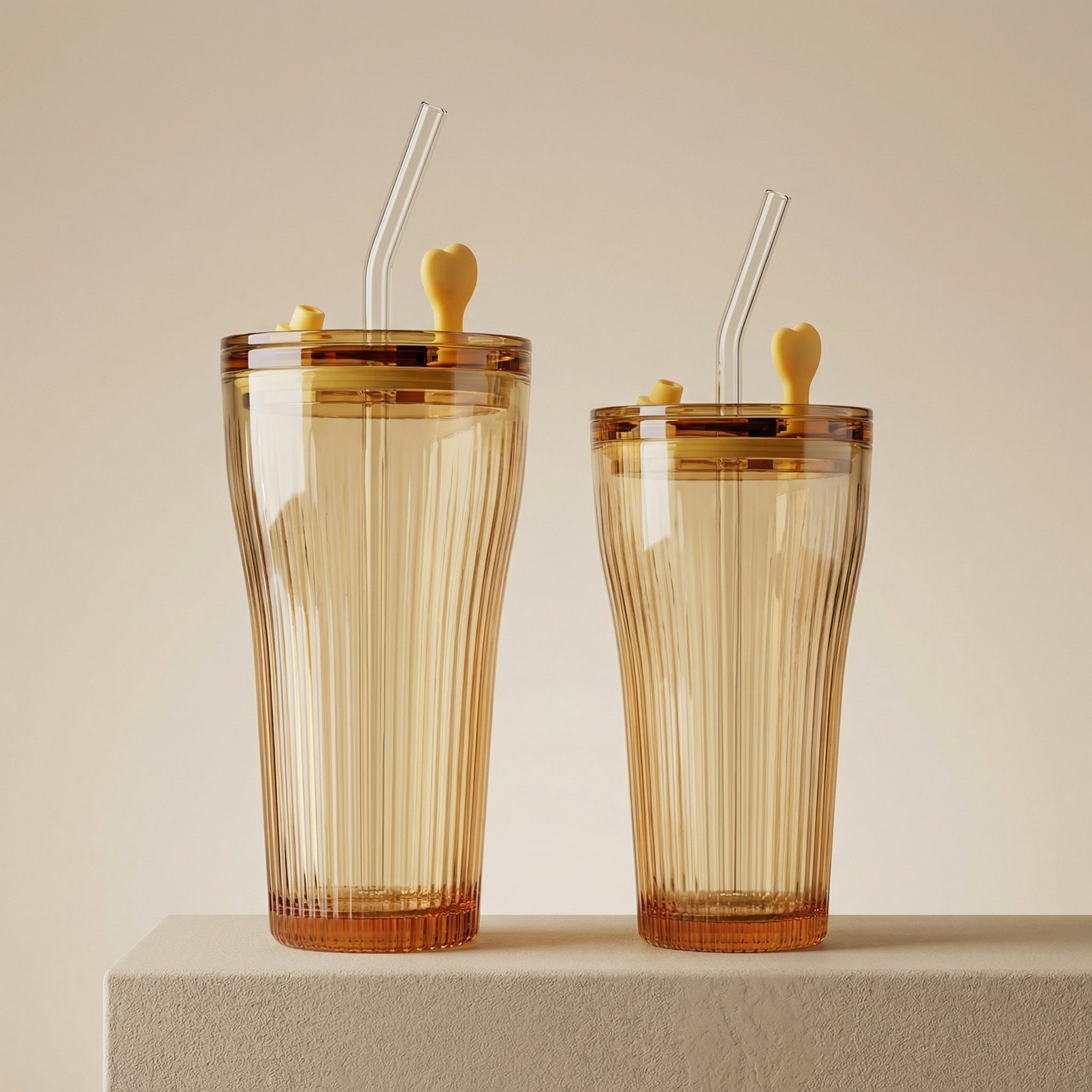 Sienna Glow ribbed amber glass tumbler in 12oz and 17oz sizes made of heat-resistant high borosilicate glass.SOLA & SIENNA