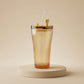 Sienna Glow ribbed amber glass tumbler in 12oz and 17oz sizes made of heat-resistant high borosilicate glass.SOLA & SIENNA