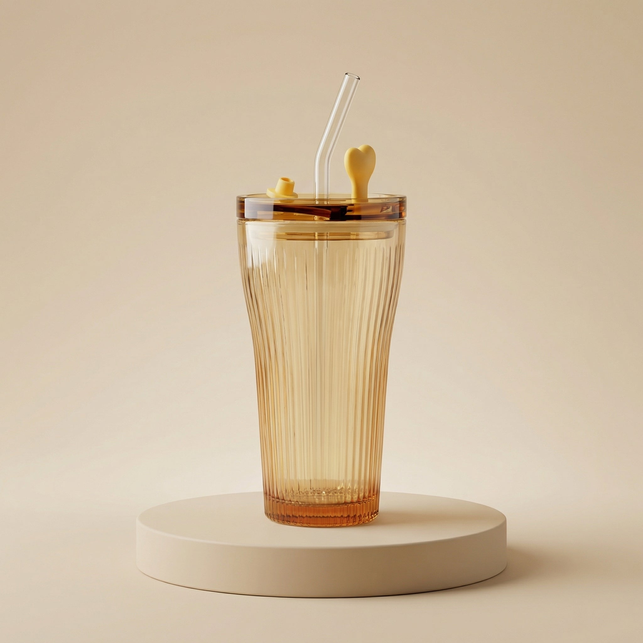 Sienna Glow ribbed amber glass tumbler in 12oz and 17oz sizes made of heat-resistant high borosilicate glass.SOLA & SIENNA