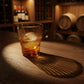 Sienna Glow ribbed amber glass tumbler made of heat-resistant borosilicate glass with elegant vertical texture.SOLA & SIENNA