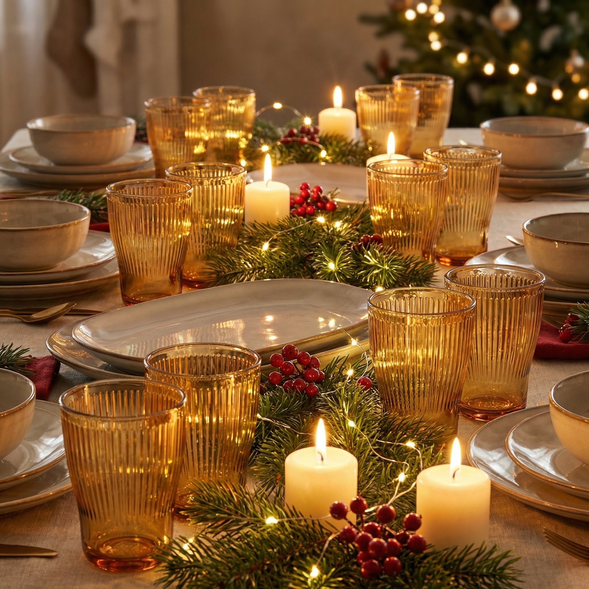 Sienna Glow ribbed amber glass tumbler made of heat-resistant borosilicate glass with elegant vertical texture.SOLA & SIENNA