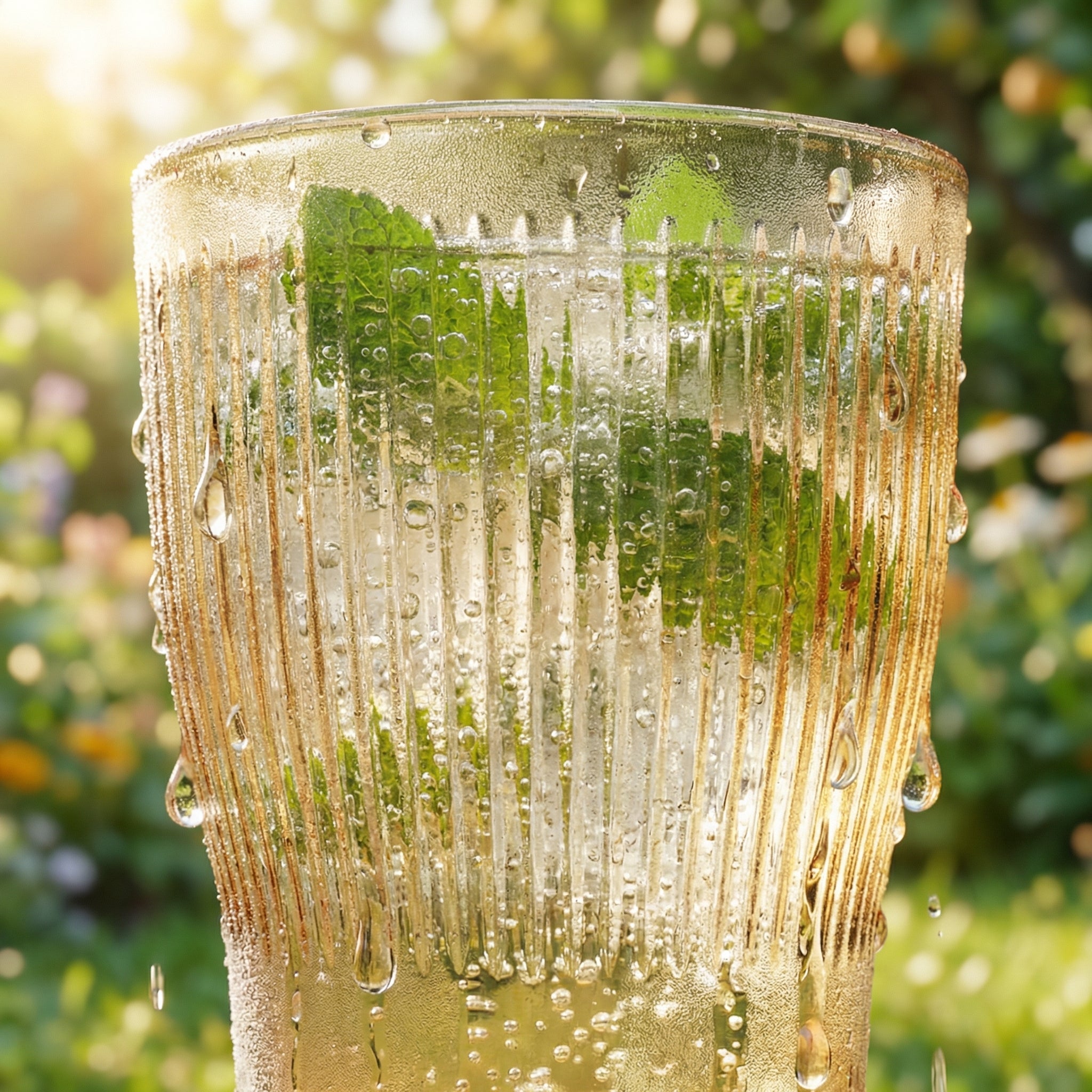 Sienna Glow ribbed amber glass tumbler made of heat-resistant borosilicate glass with elegant vertical texture.SOLA & SIENNA