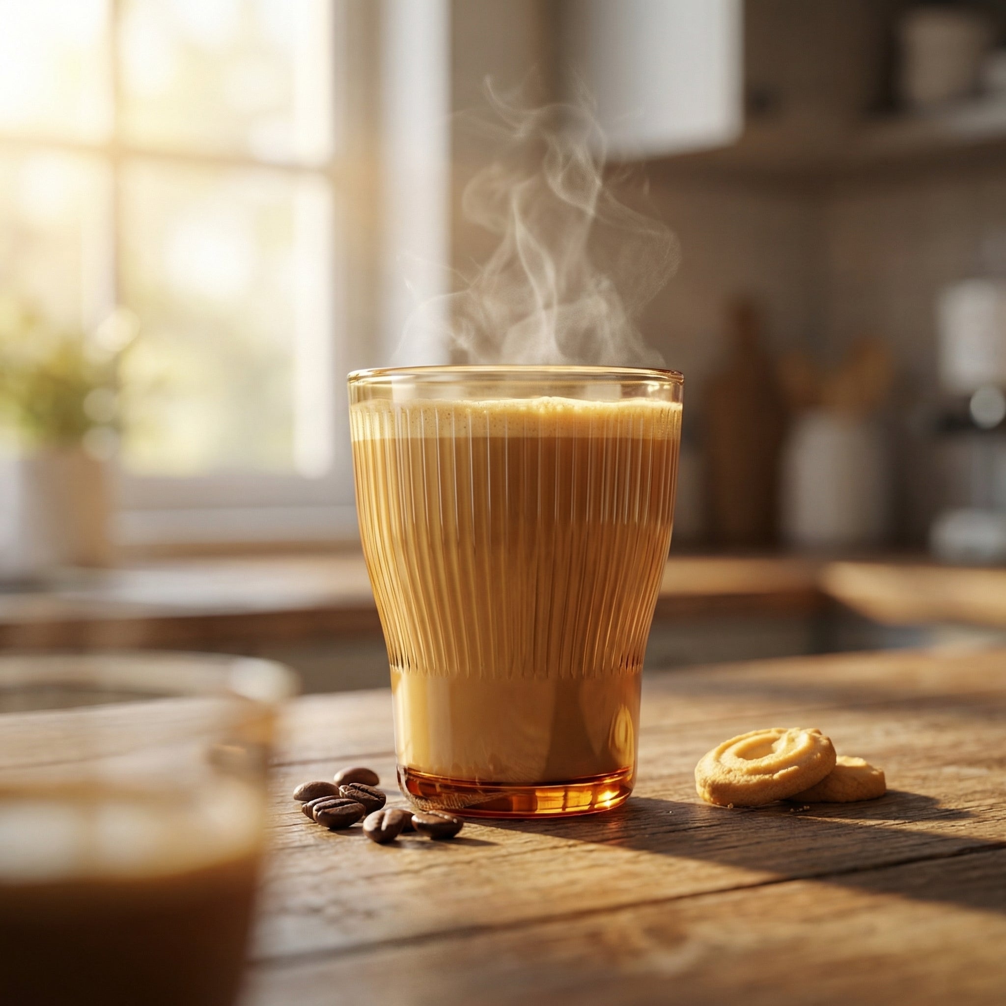 Sienna Glow ribbed amber glass tumbler made of heat-resistant borosilicate glass with elegant vertical texture.SOLA & SIENNA