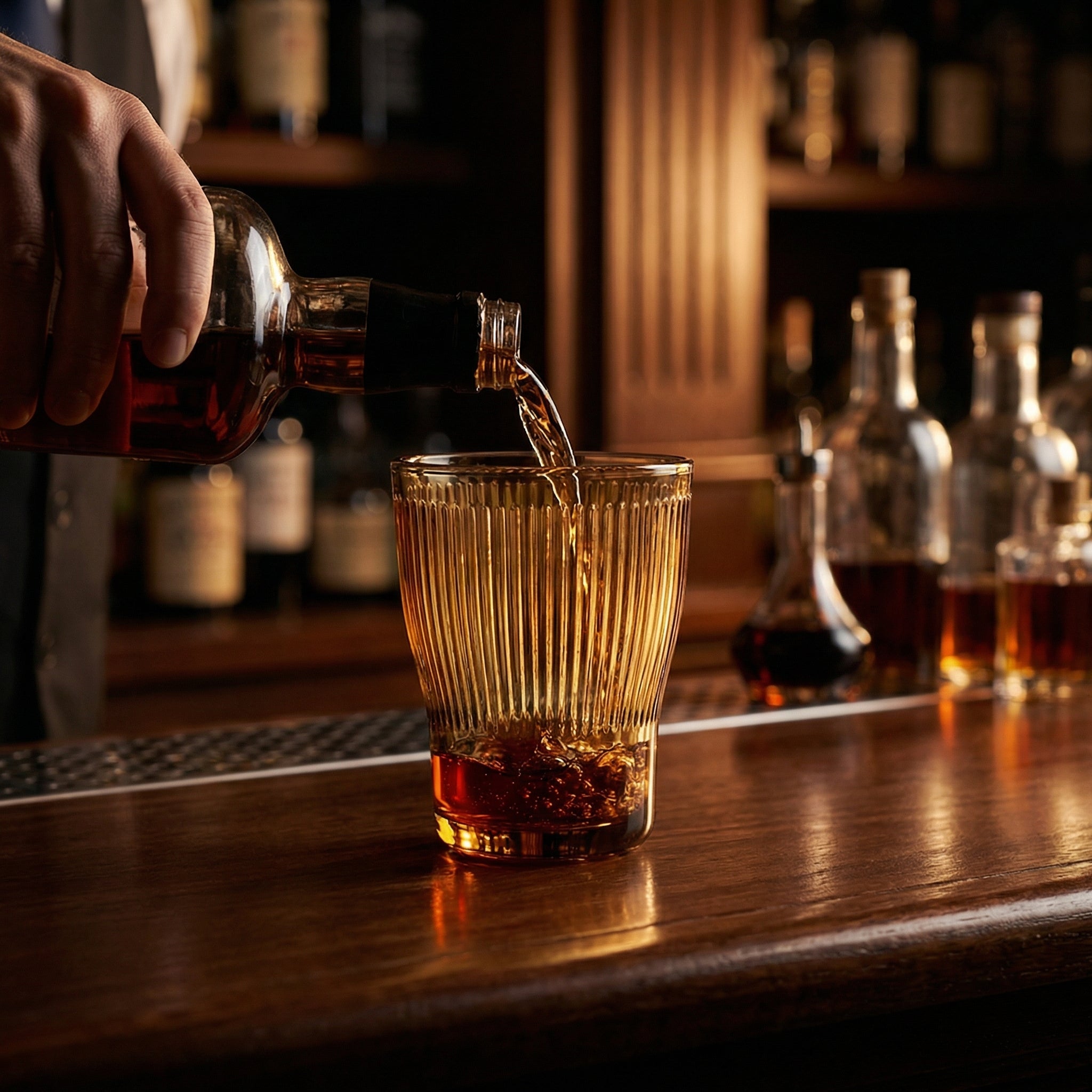 Sienna Glow ribbed amber glass tumbler made of heat-resistant borosilicate glass with elegant vertical texture.SOLA & SIENNA