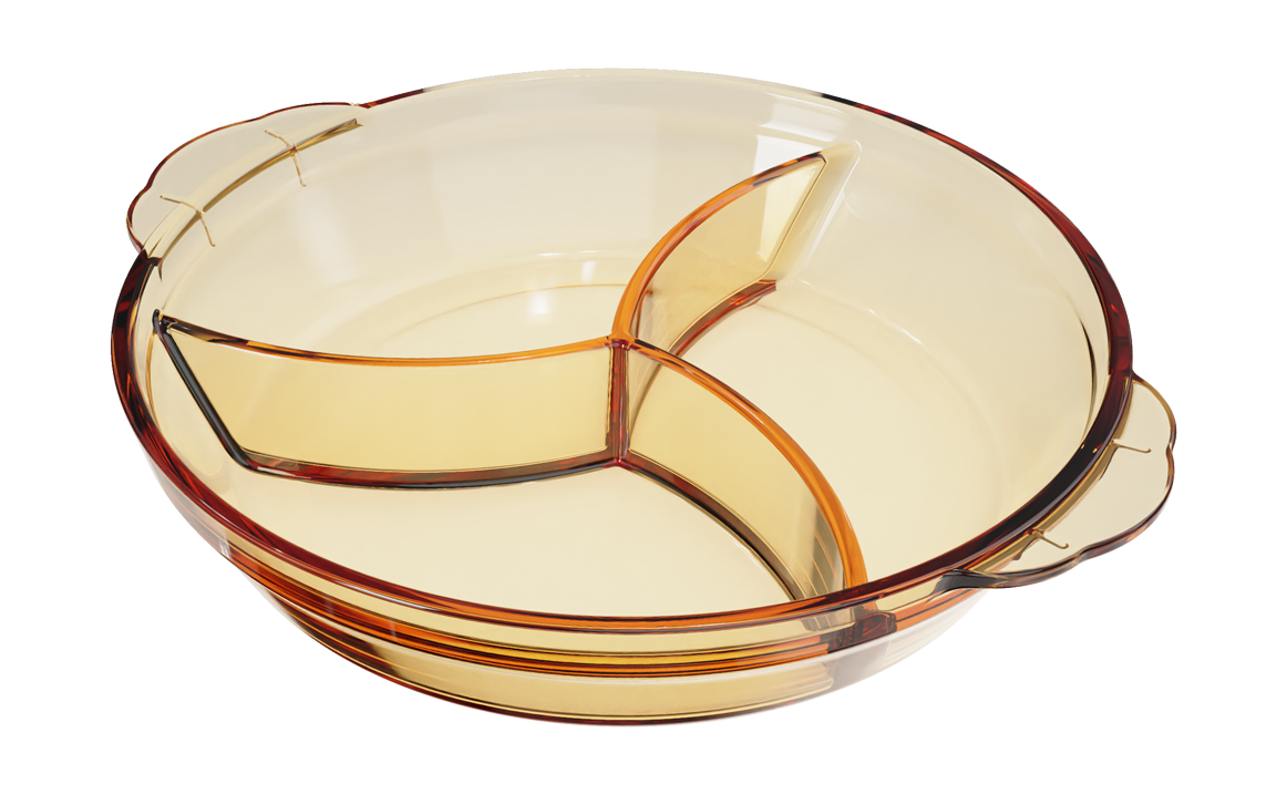 Amber 3-compartment double-handle borosilicate glass plate 8 in – 830 ml, product code 31684