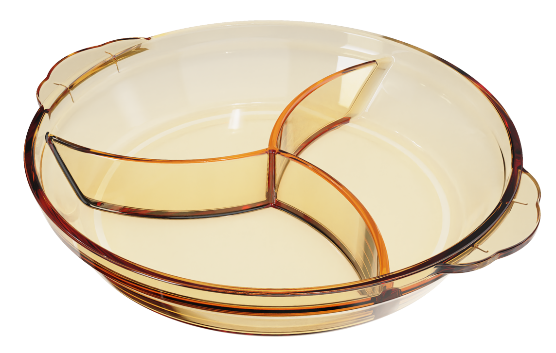 Amber 3-compartment double-handle borosilicate glass plate 9 in – 1080 ml, product code 31686