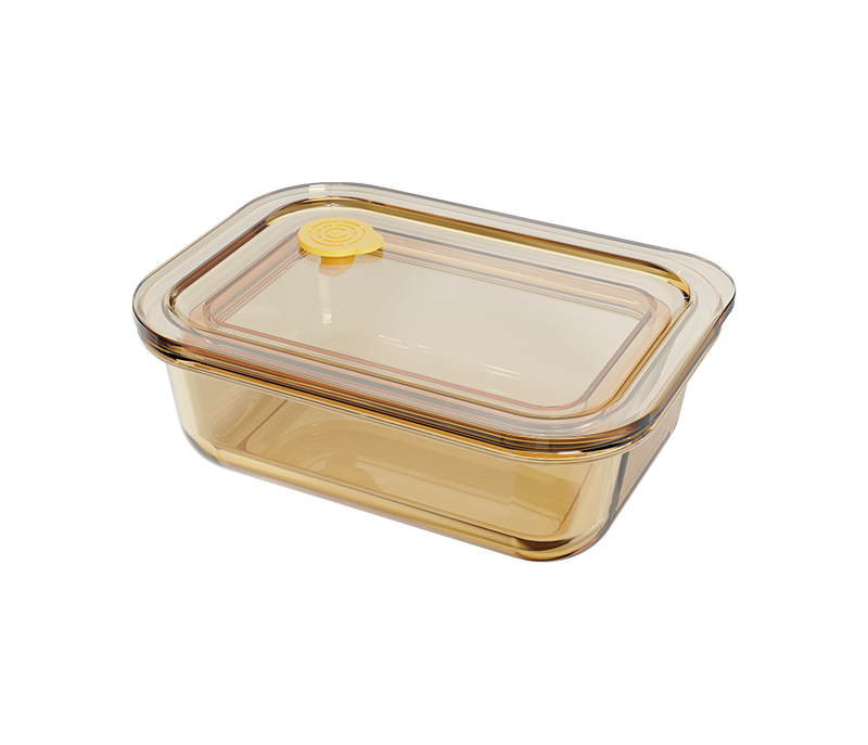 Amber smooth-finish rectangular push-button airtight glass food container – 370 ml, product code 36958