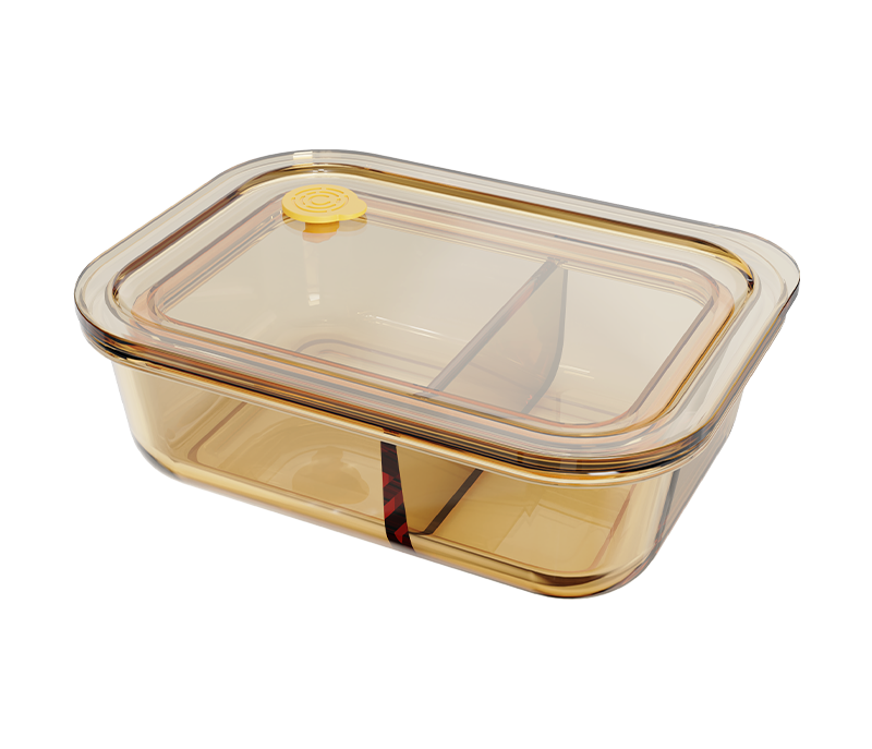Amber 2-compartment smooth-finish rectangular push-button airtight glass food container – 640 ml, product code 36960