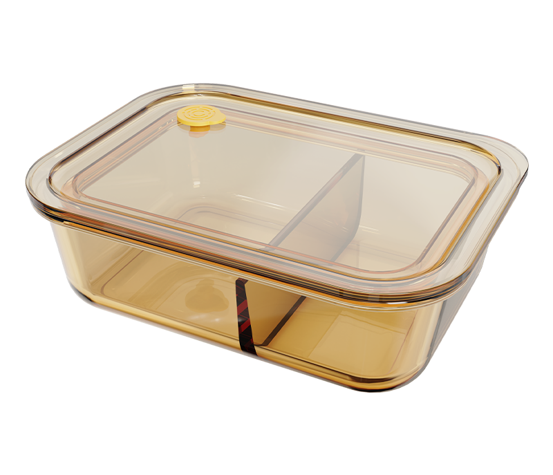 Amber 2-compartment smooth-finish rectangular push-button airtight glass food container – 1040 ml, product code 36962