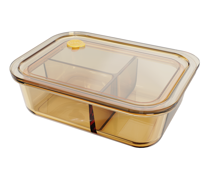 Amber 3-compartment smooth-finish rectangular push-button airtight glass food container – 1040 ml, product code 36963