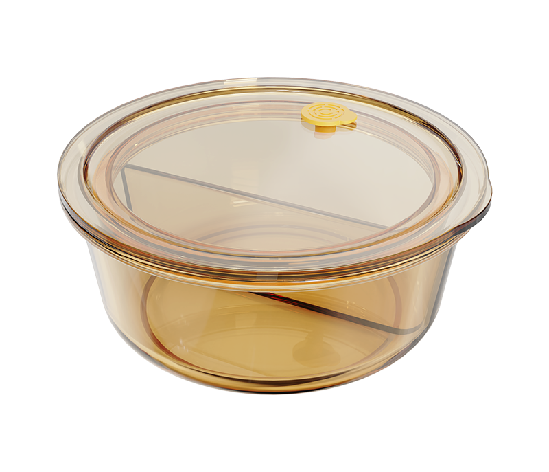 Amber 2-compartment smooth-finish round push-button airtight glass food container – 960 ml, product code 36969