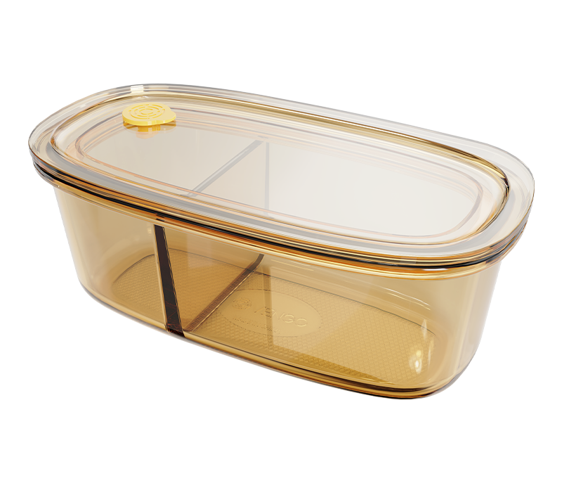 Amber 2-compartment smooth-finish oval push-button airtight glass food container – 950 ml, product code 36974