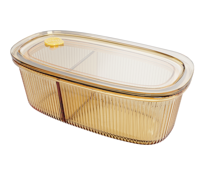 Amber 2-compartment ribbed oval push-button airtight glass food container – 950 ml, product code 36976
