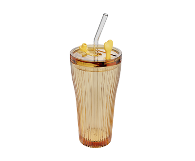 Vertical-Ribbed Amber Borosilicate Dual-Drink Tumbler with Glass Straws – 350 ml, product code 5518