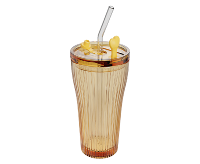 Vertical-Ribbed Amber Borosilicate Dual-Drink Tumbler with Glass Straw – 500 ml, product code 5519